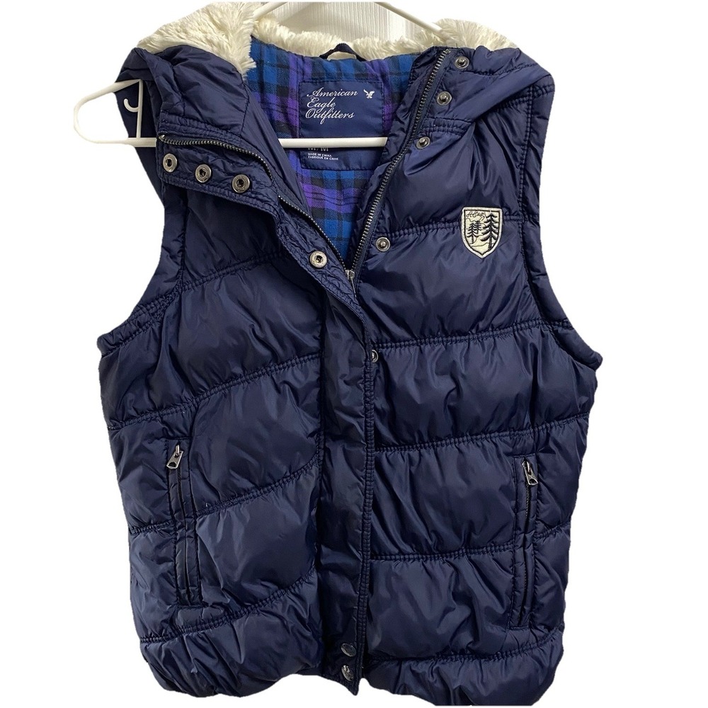 American Eagle Outfitters‎ Juniors Puffer Sleeveless Vest Coat W/Hood Blue Sz.M